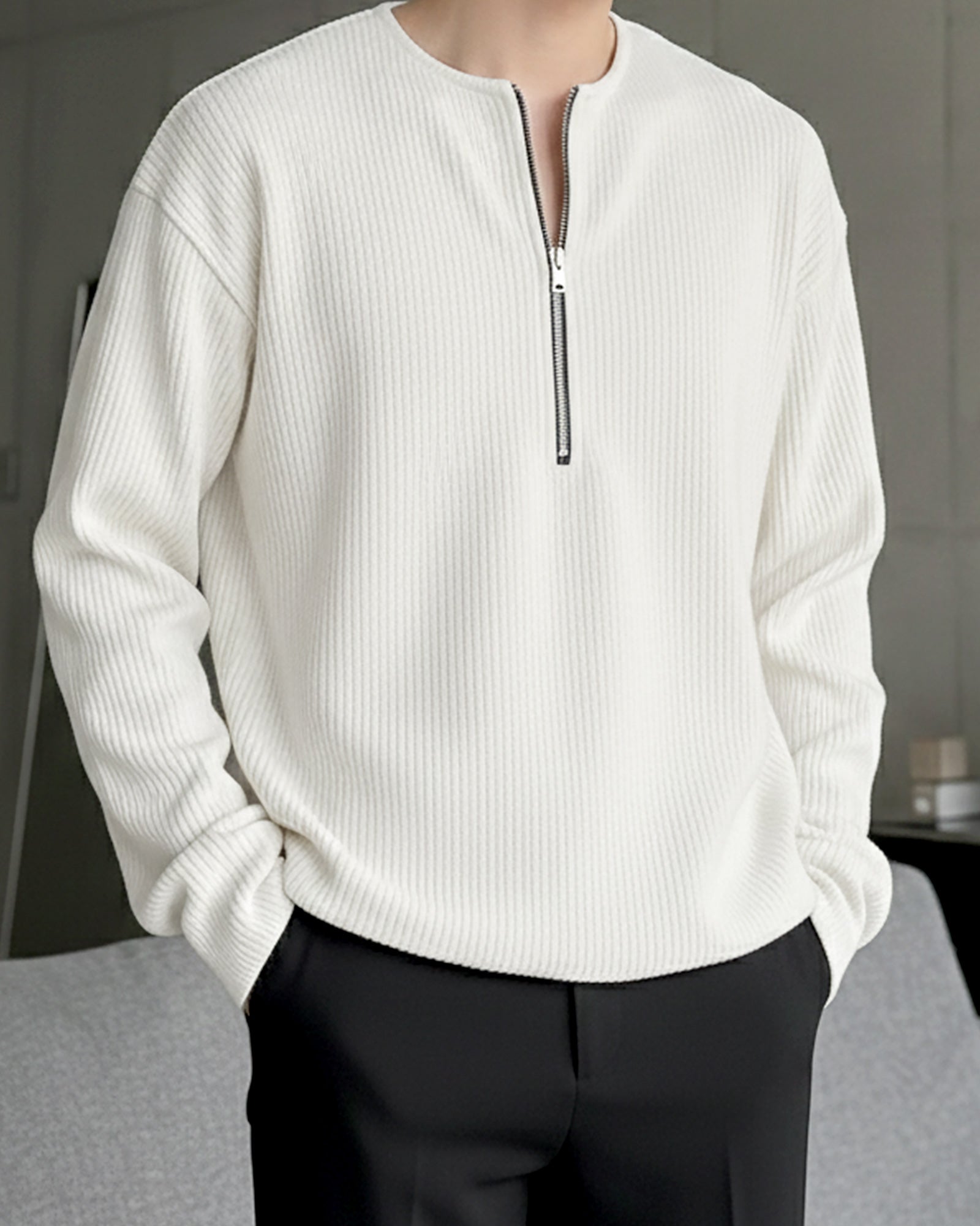 ハーフジップリブトップス Ot20141