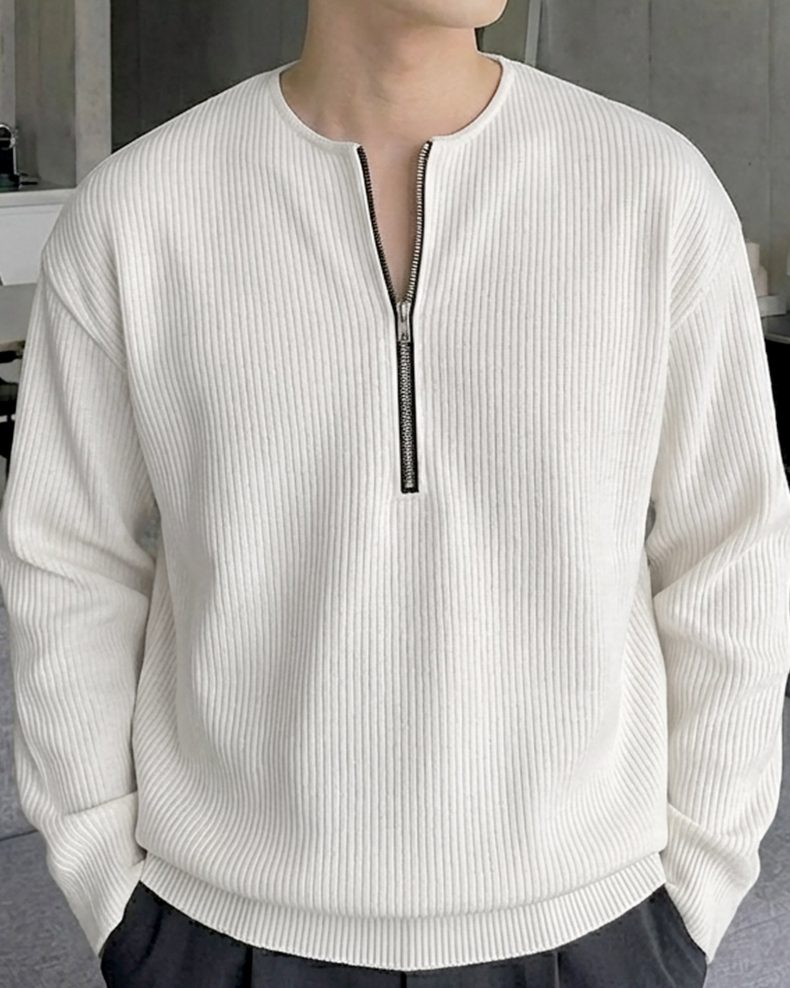 ハーフジップリブトップス Ot20141