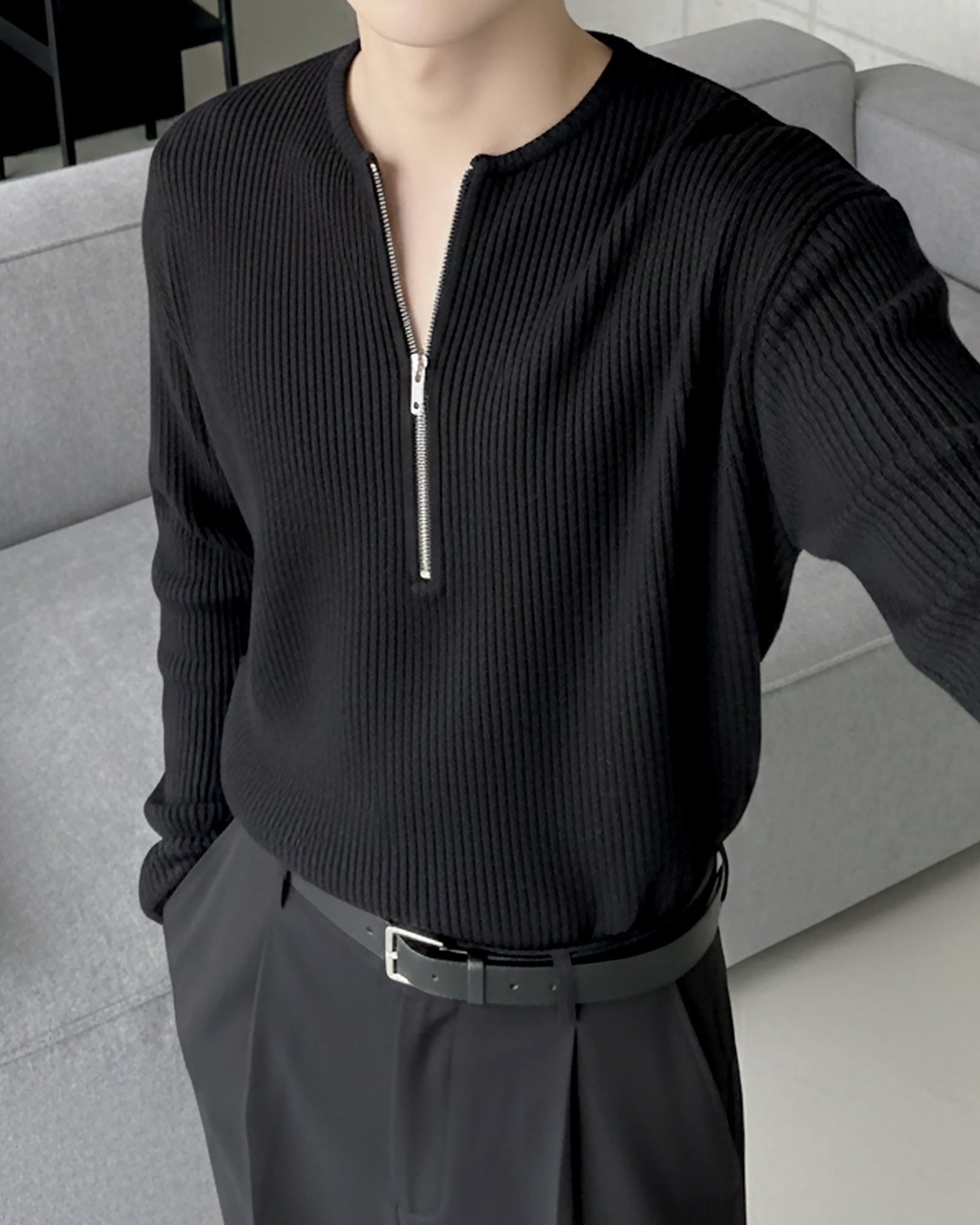 ハーフジップリブトップス Ot20141