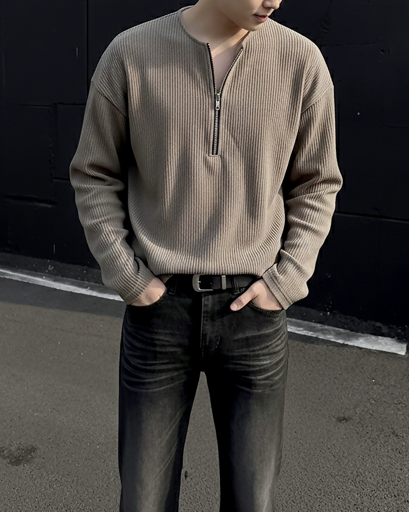 ハーフジップリブトップス Ot20141