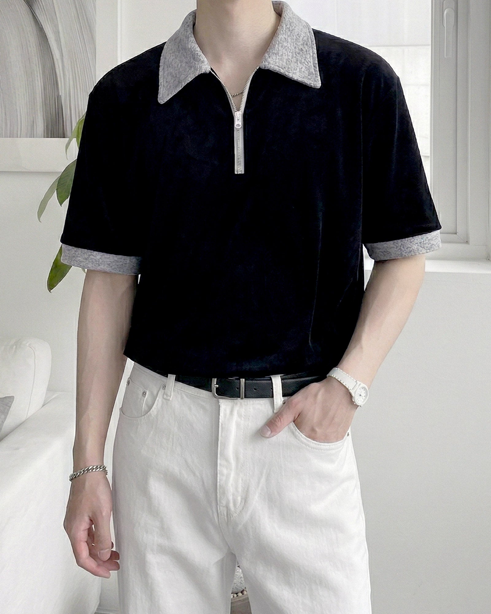 バイカラーハーフジップトップス Ot20147