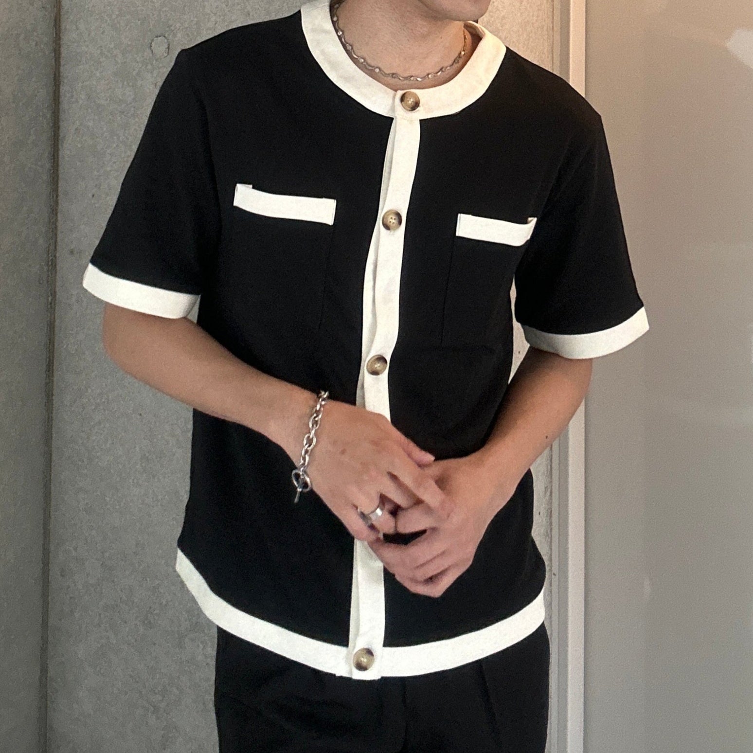 トレンドバイカラーボタンTシャツ Ot20002