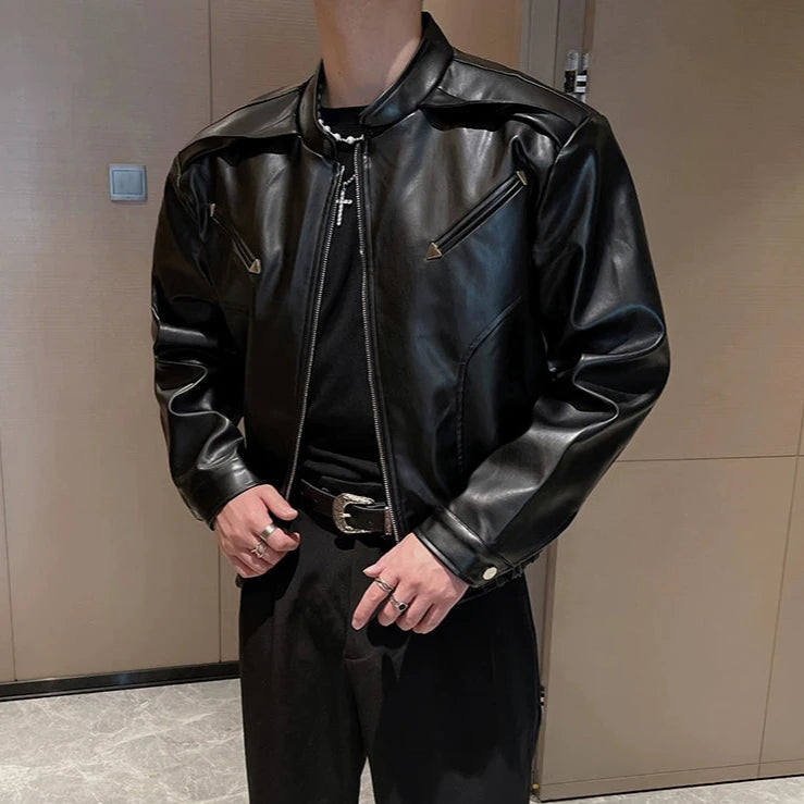 ブラックレザーアウター ジップアップ ZIP-UP LEATHER JACKET ジップ