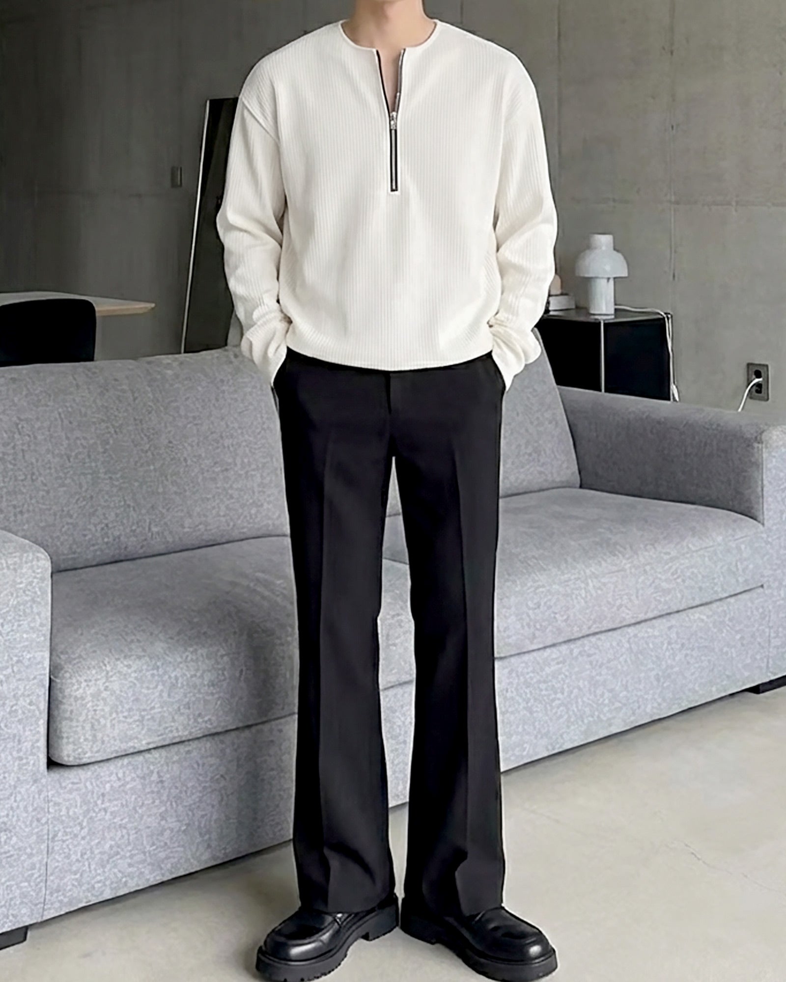 ハーフジップリブトップス Ot20141