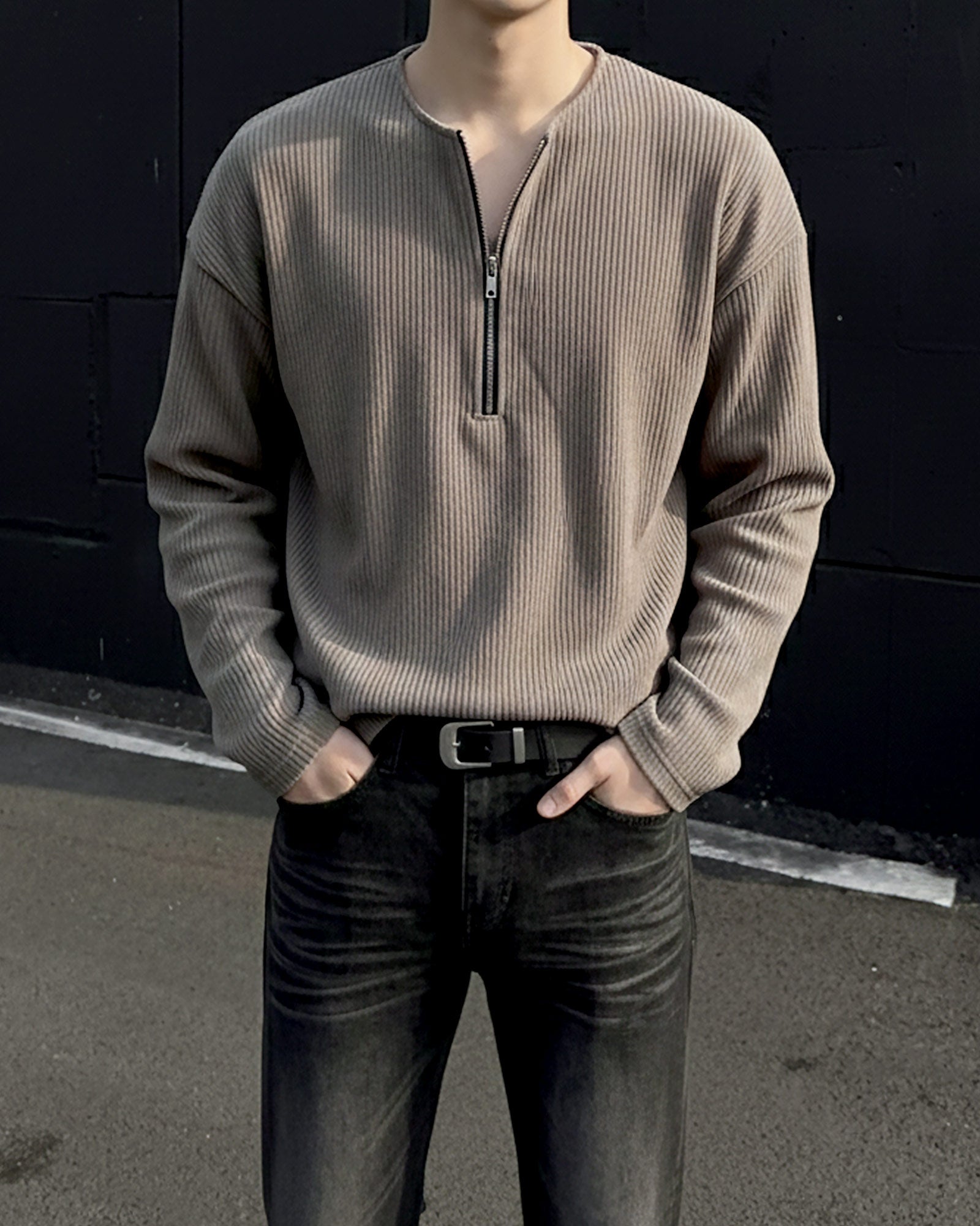 ハーフジップリブトップス Ot20141