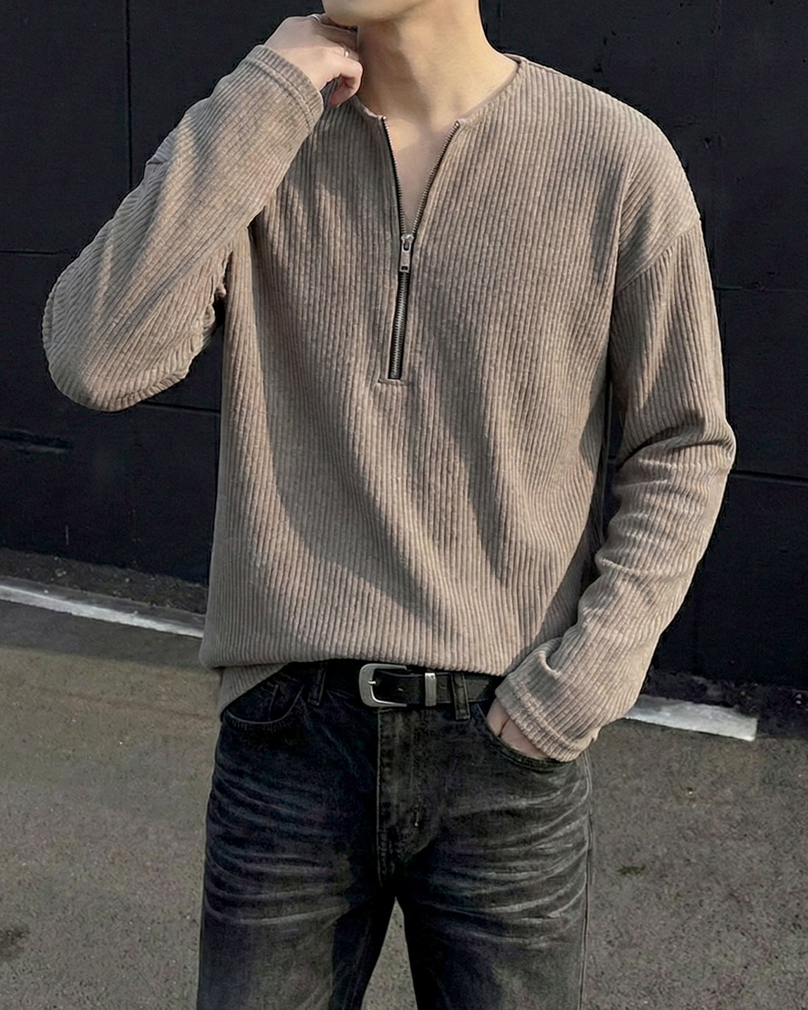 ハーフジップリブトップス Ot20141