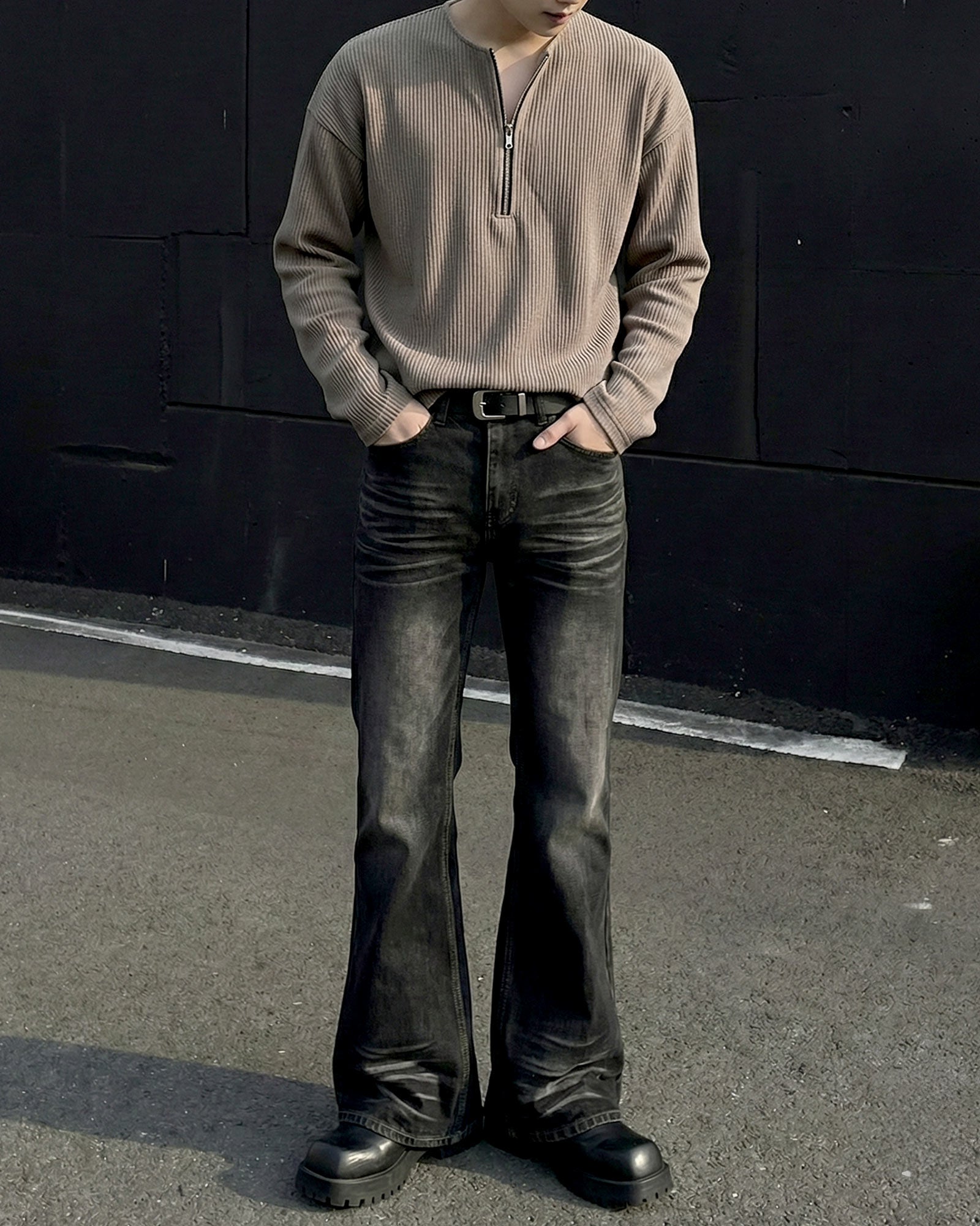 ハーフジップリブトップス Ot20141