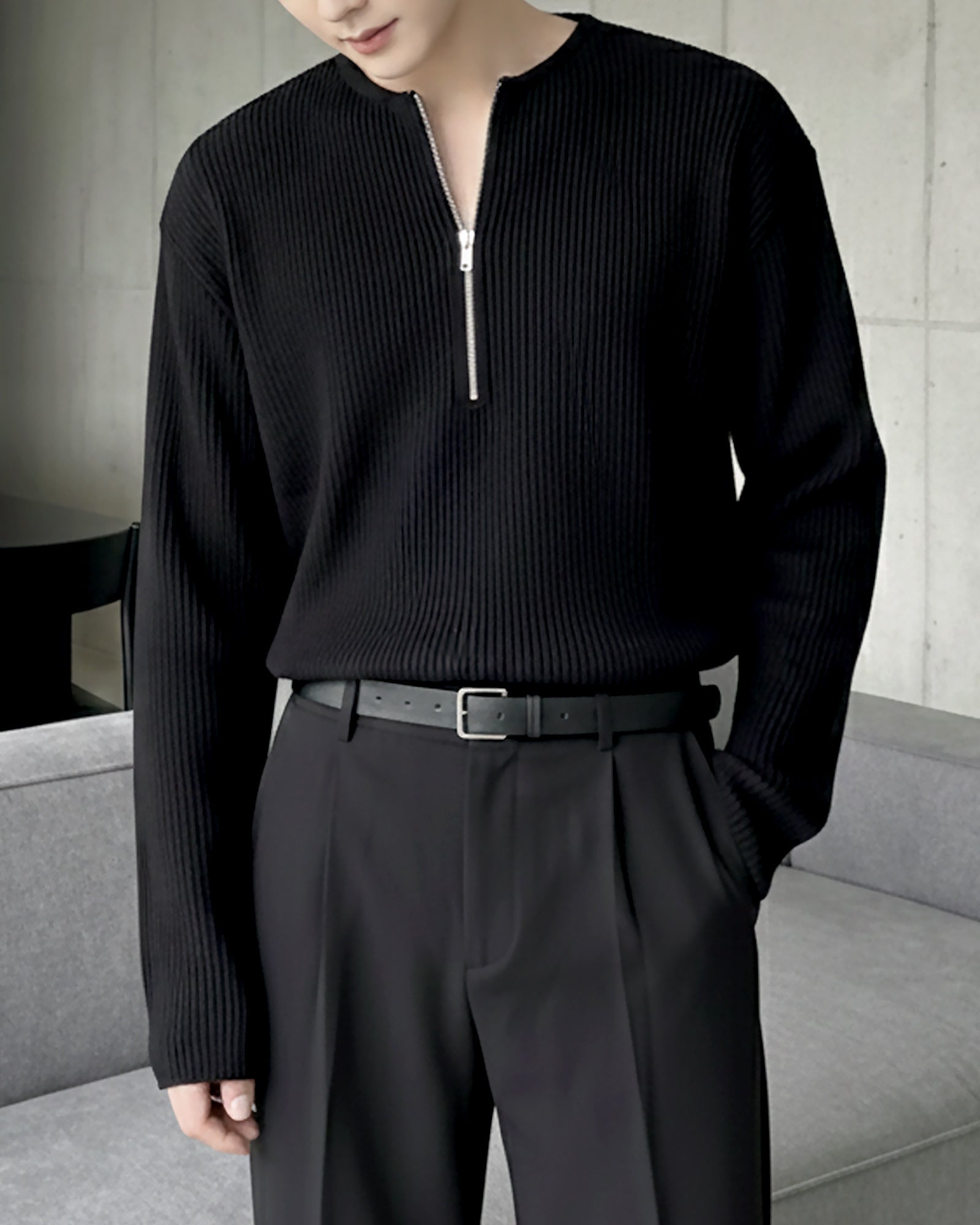 ハーフジップリブトップス Ot20141