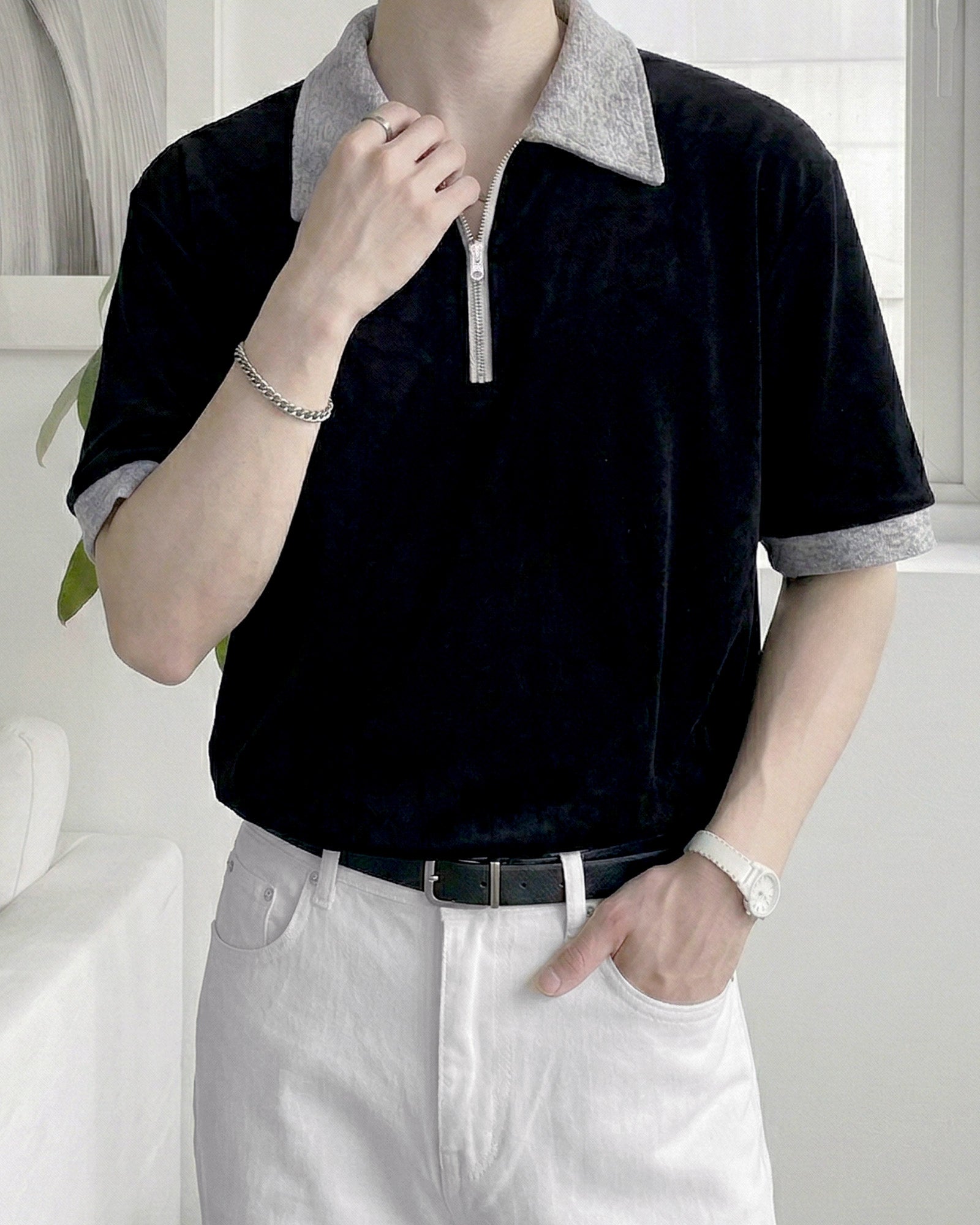 バイカラーハーフジップトップス Ot20147