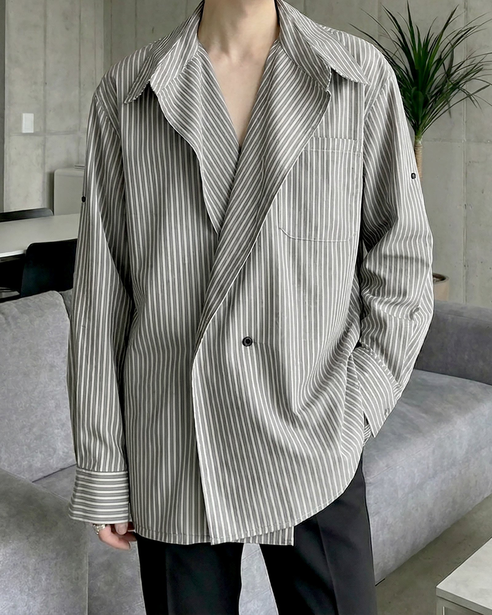 【NAVY】ファインパターン ジャカード ストライプ オープンカラー ボタンダウンシャツ ストレッチ】ストライプシャンブレー 長袖ショートボタンダウンシャツ
